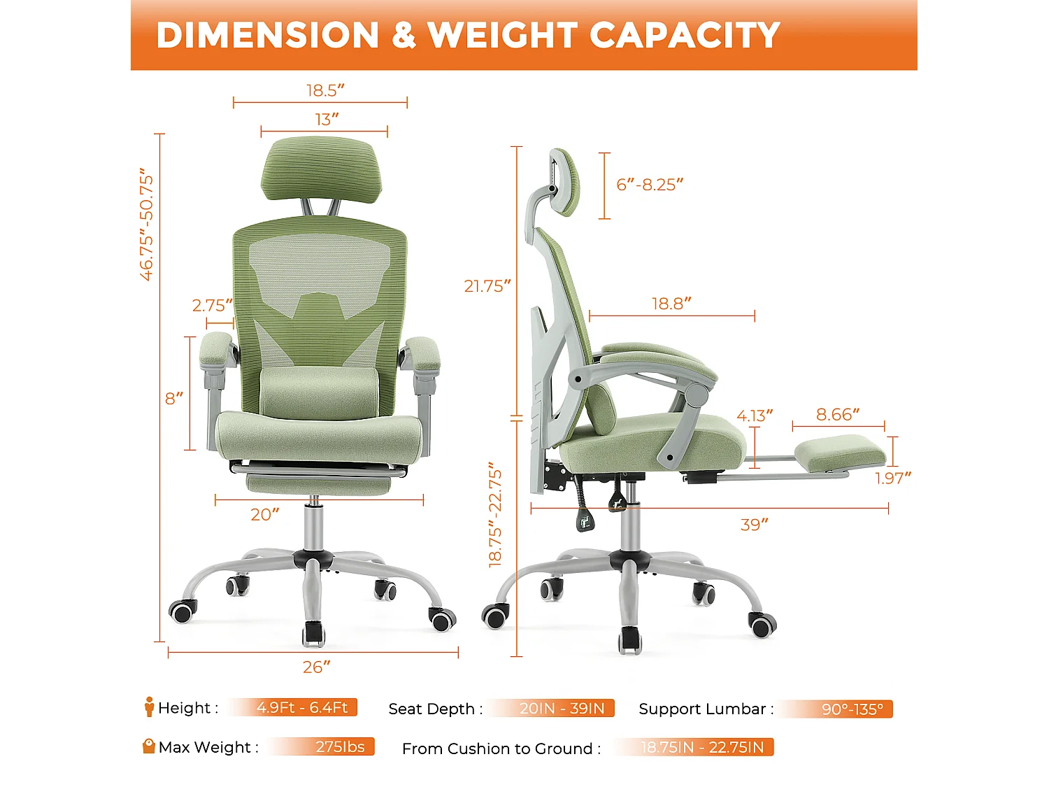 Chaise de bureau pivotante avec coussin de soutien lombaire et accoudoirs rembourrés, repose-pieds rétractable ergonomique, vert