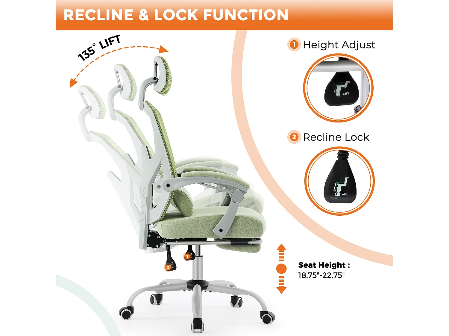 Chaise de bureau pivotante avec coussin de soutien lombaire et accoudoirs rembourrés, repose-pieds rétractable ergonomique, vert