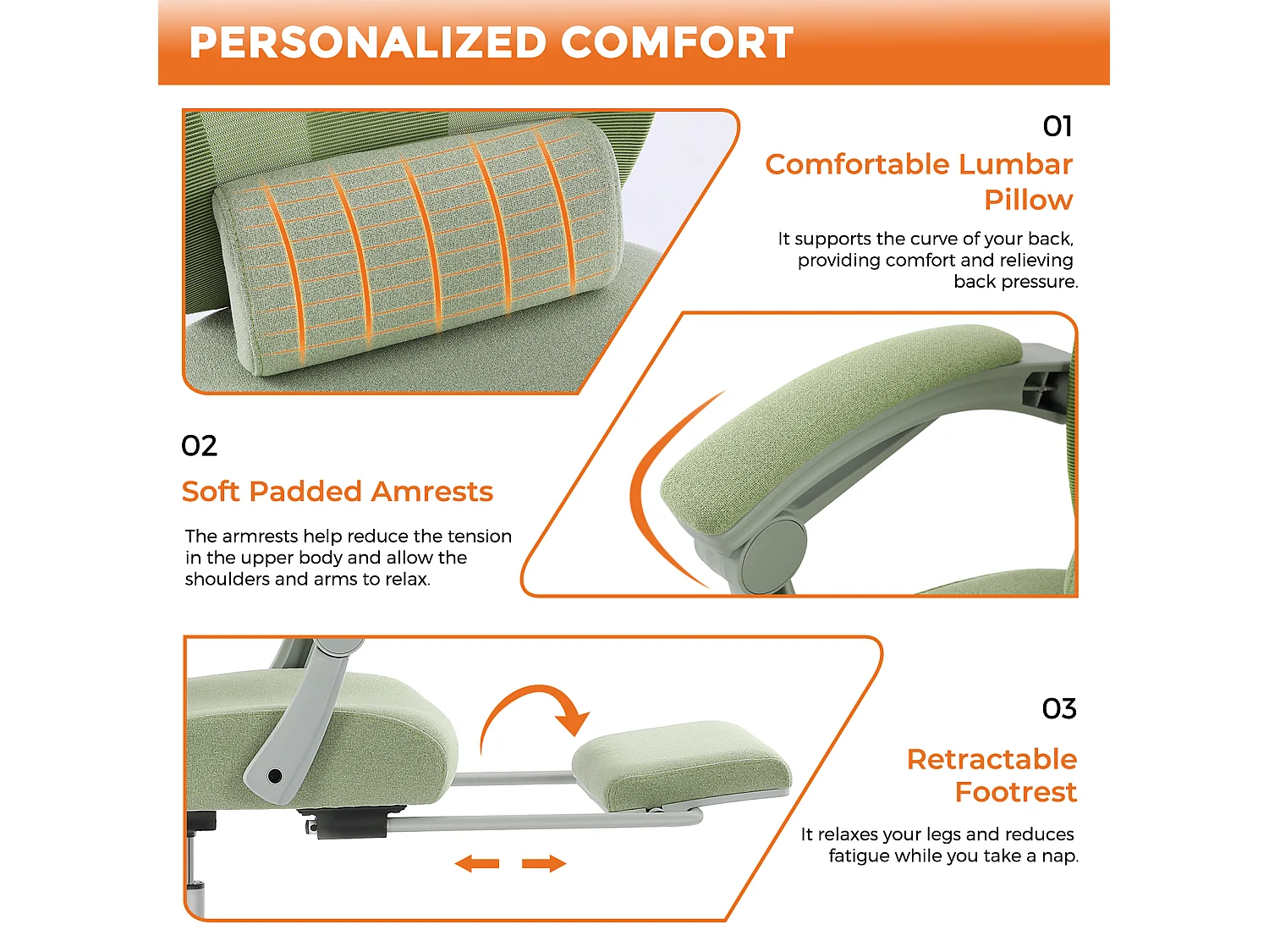 Chaise de bureau pivotante avec coussin de soutien lombaire et accoudoirs rembourrés, repose-pieds rétractable ergonomique, vert