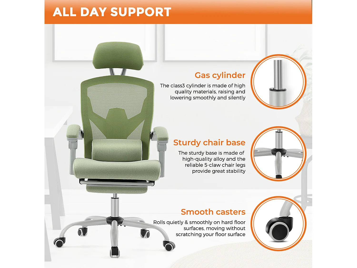 Chaise de bureau pivotante avec coussin de soutien lombaire et accoudoirs rembourrés, repose-pieds rétractable ergonomique, vert