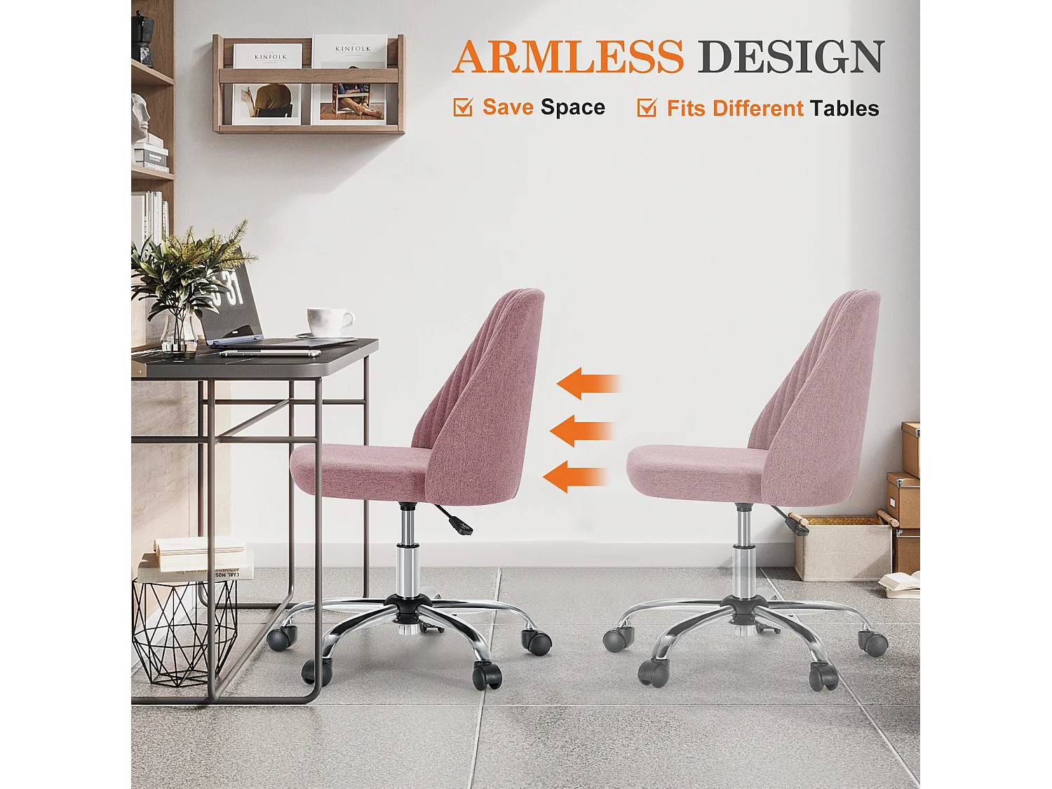 Chaises de bureau pivotantes,Sans accoudoirs,Chaises de bureau réglables avec roulettes,Tissu,Rose
