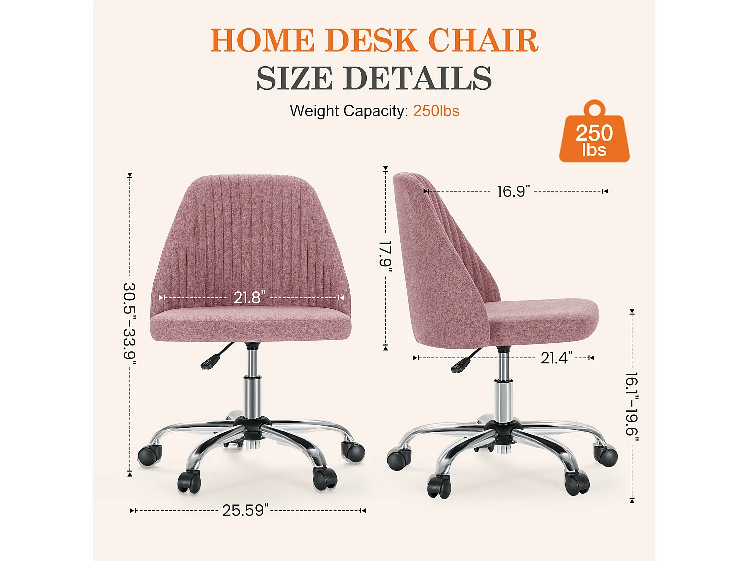 Chaises de bureau pivotantes,Sans accoudoirs,Chaises de bureau réglables avec roulettes,Tissu,Rose