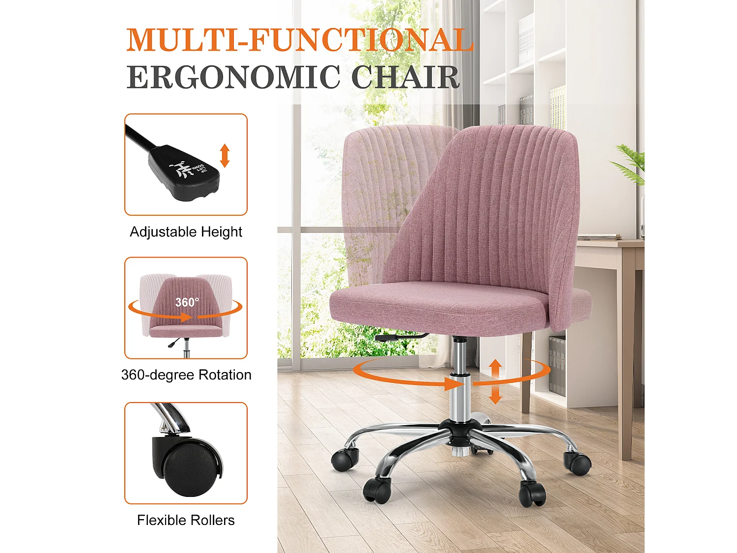 Chaises de bureau pivotantes,Sans accoudoirs,Chaises de bureau réglables avec roulettes,Tissu,Rose