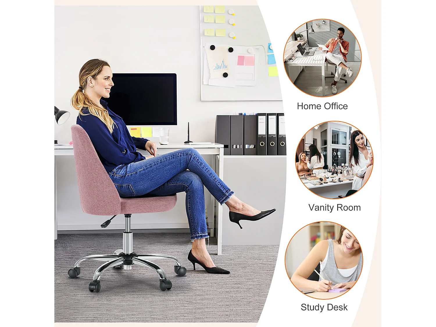 Chaises de bureau pivotantes,Sans accoudoirs,Chaises de bureau réglables avec roulettes,Tissu,Rose