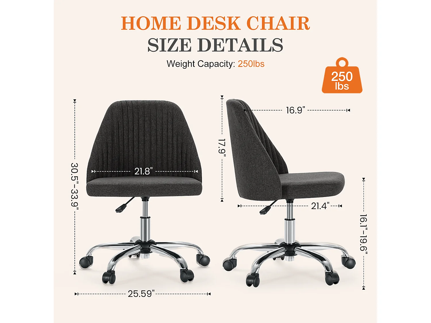 Chaises de bureau pivotantes,Sans accoudoirs,Chaises de bureau réglables avec roulettes,Tissu,gris foncé