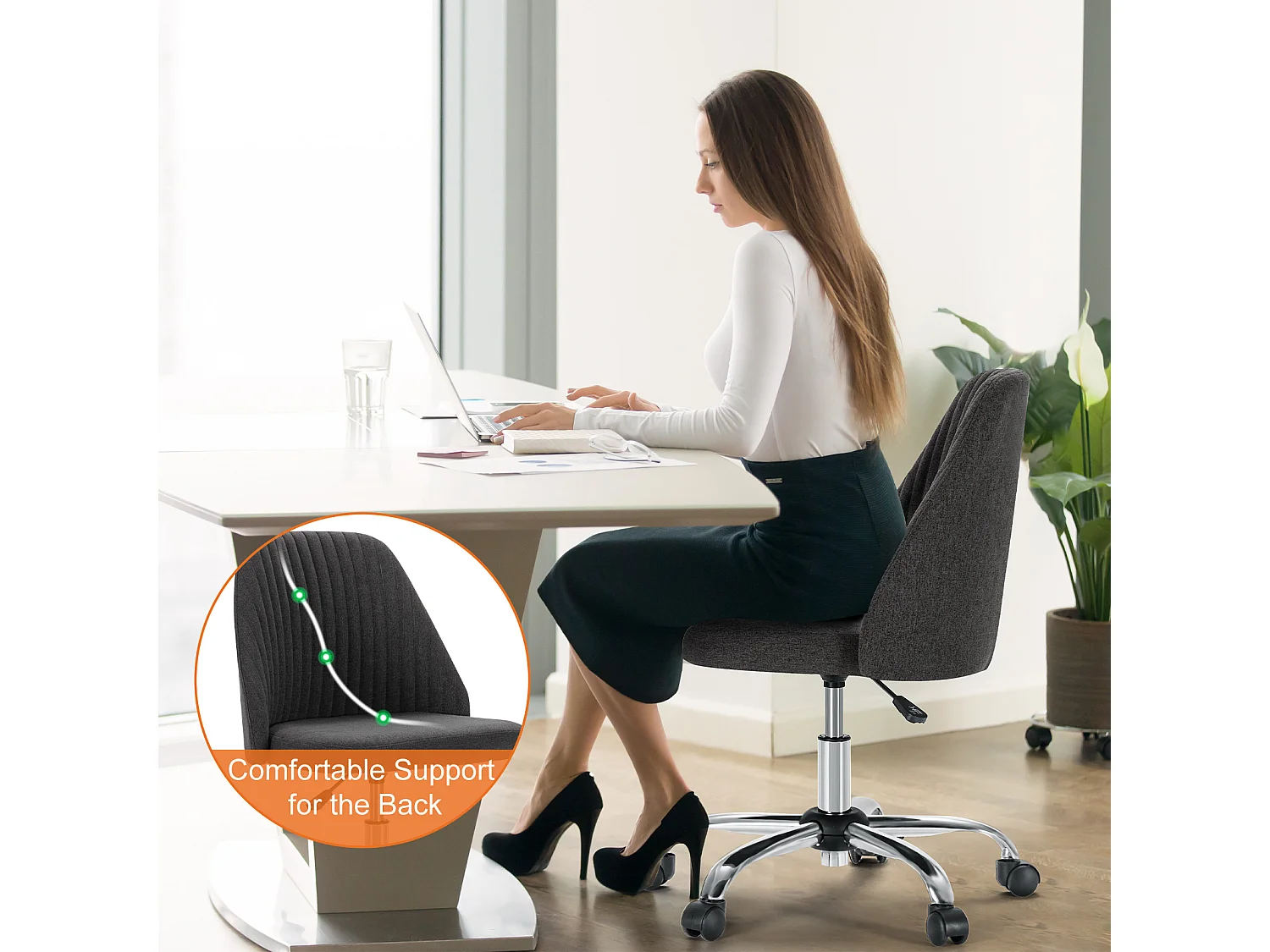 Chaises de bureau pivotantes,Sans accoudoirs,Chaises de bureau réglables avec roulettes,Tissu,gris foncé