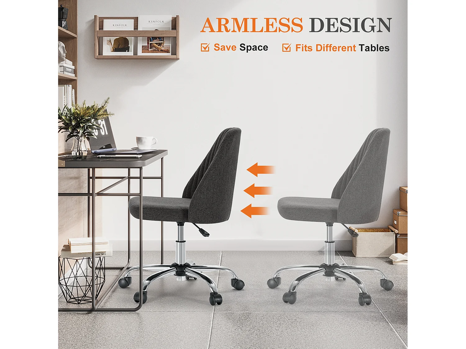 Chaises de bureau pivotantes,Sans accoudoirs,Chaises de bureau réglables avec roulettes,Tissu,gris foncé