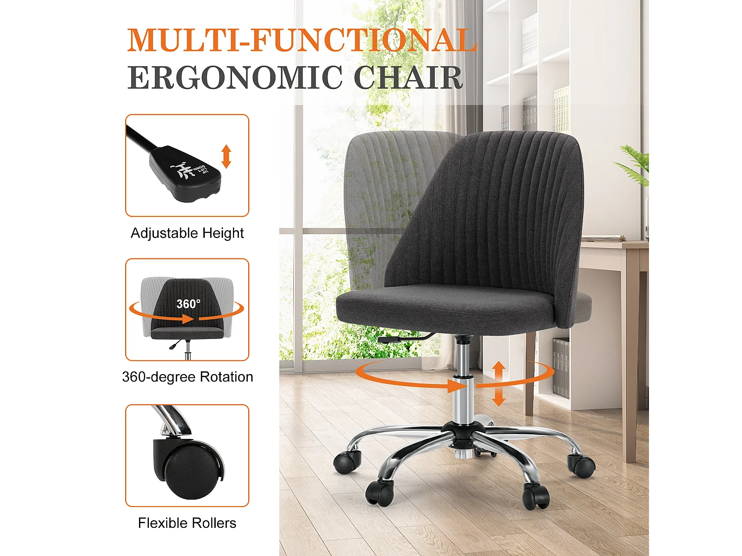 Chaises de bureau pivotantes,Sans accoudoirs,Chaises de bureau réglables avec roulettes,Tissu,gris foncé