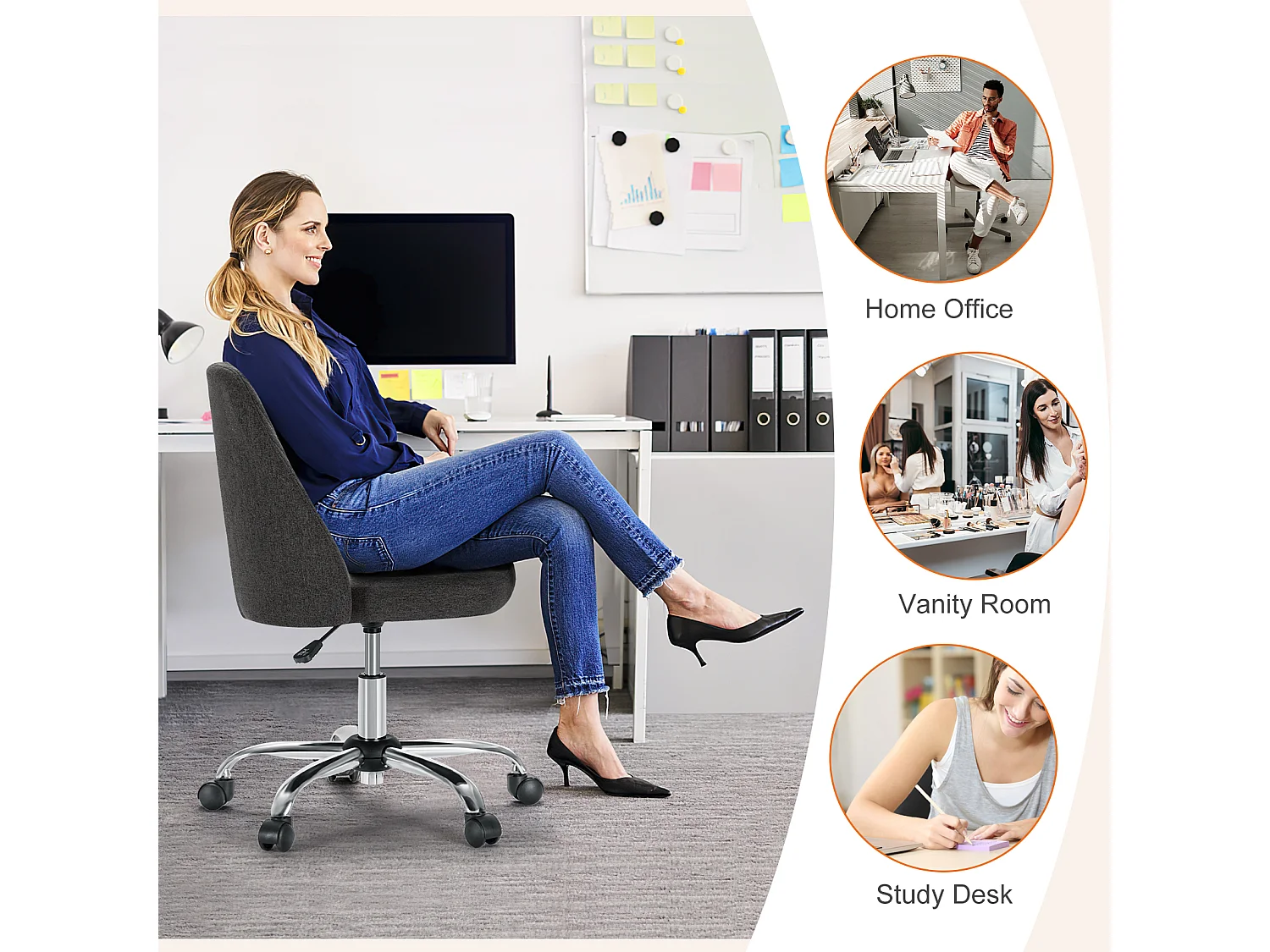 Chaises de bureau pivotantes,Sans accoudoirs,Chaises de bureau réglables avec roulettes,Tissu,gris foncé