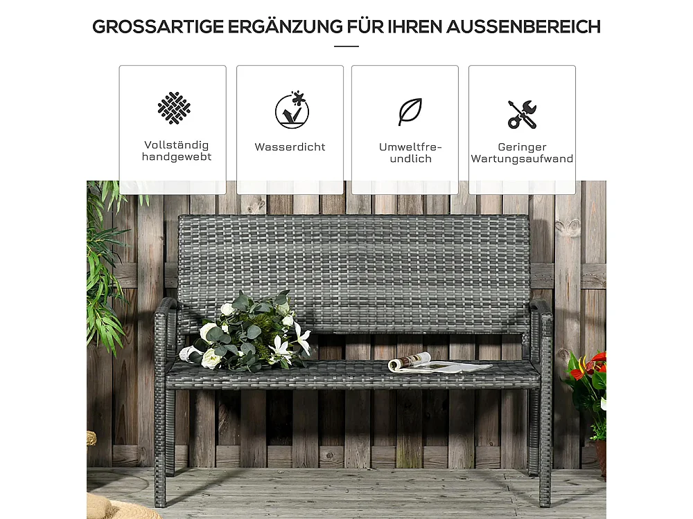 Tuinbank, rotanlook, met stalen frame, 2 zits, bruin, 122 x 60 x 87cm