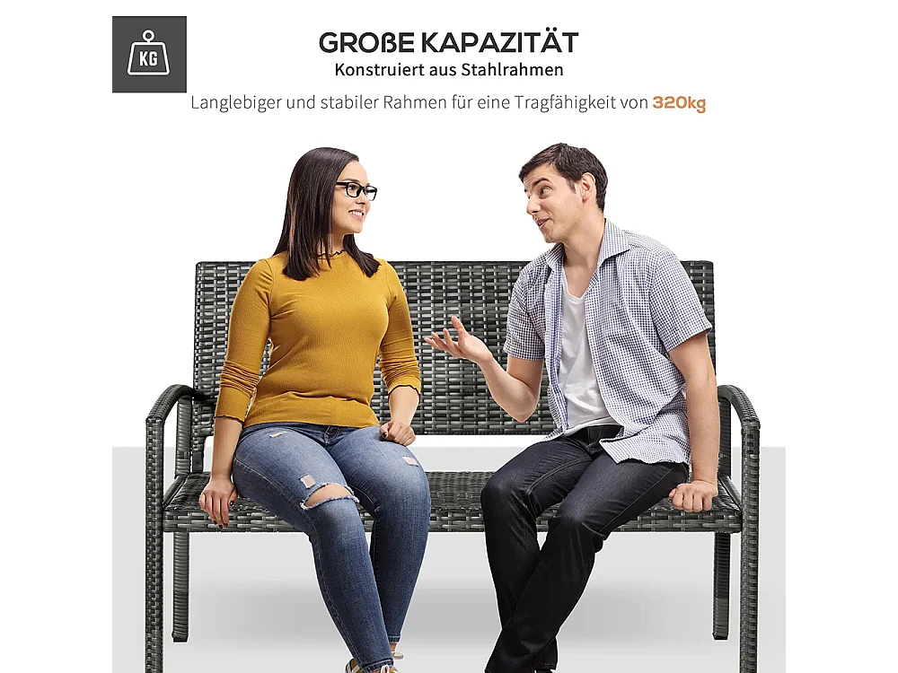 Tuinbank, rotanlook, met stalen frame, 2 zits, bruin, 122 x 60 x 87cm