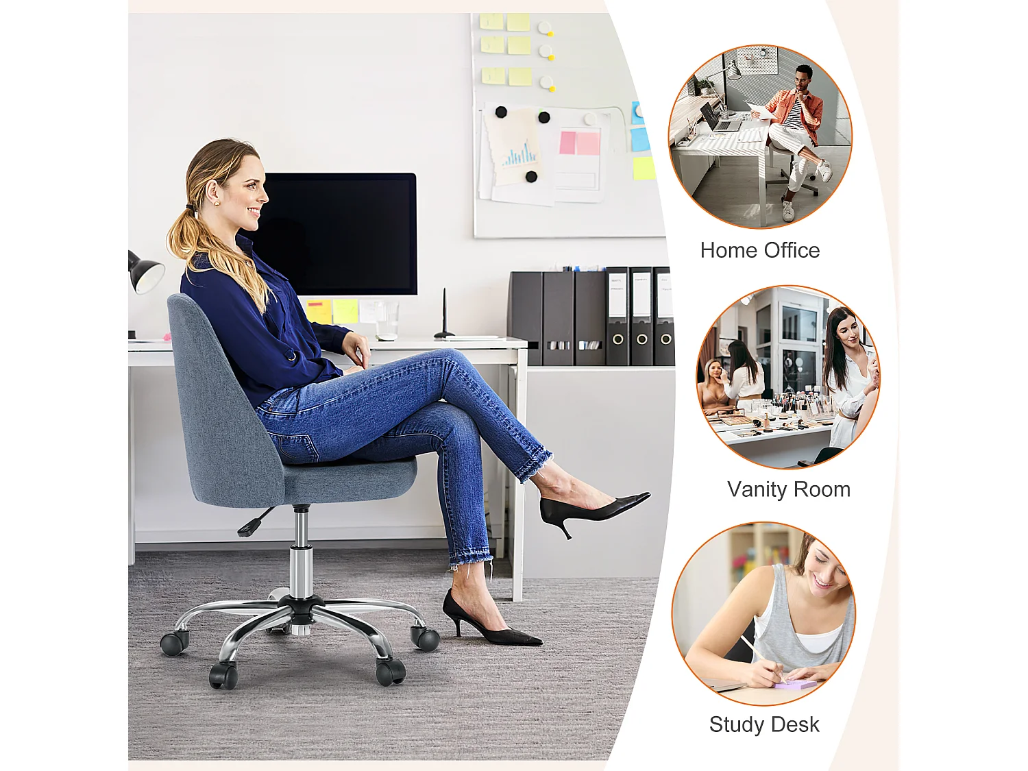 Bureaustoelen,Zonder armleuningen,Verstelbare bureaustoelen met zwenkwielen,Stof,Blauw