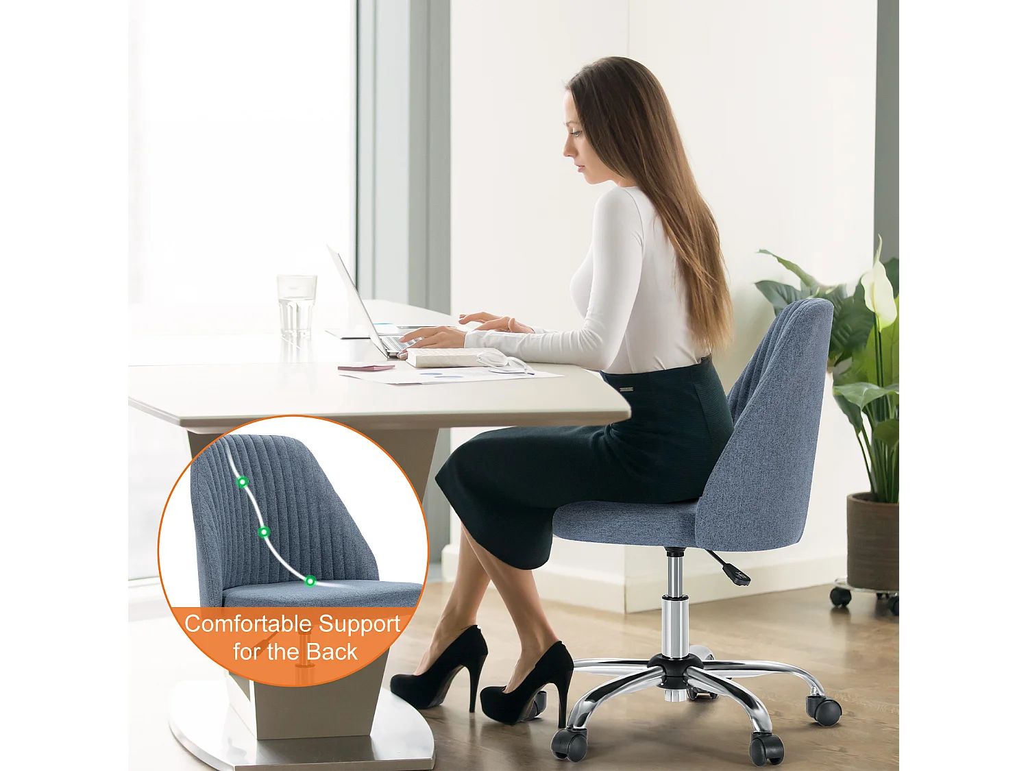 Chaises de bureau pivotantes,Sans bras,Chaises de bureau réglables avec roulettes,Tissu,Bleu