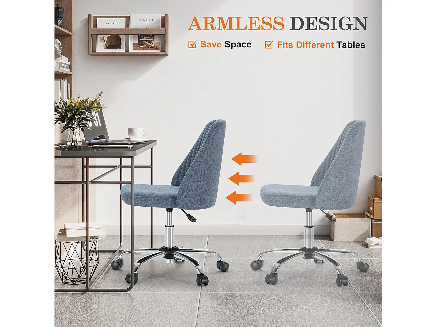 Chaises de bureau pivotantes,Sans bras,Chaises de bureau réglables avec roulettes,Tissu,Bleu