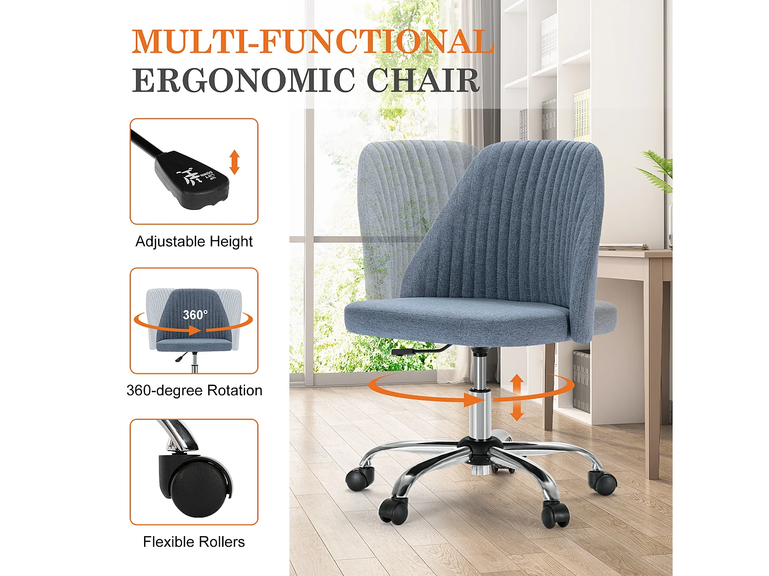 Chaises de bureau pivotantes,Sans bras,Chaises de bureau réglables avec roulettes,Tissu,Bleu