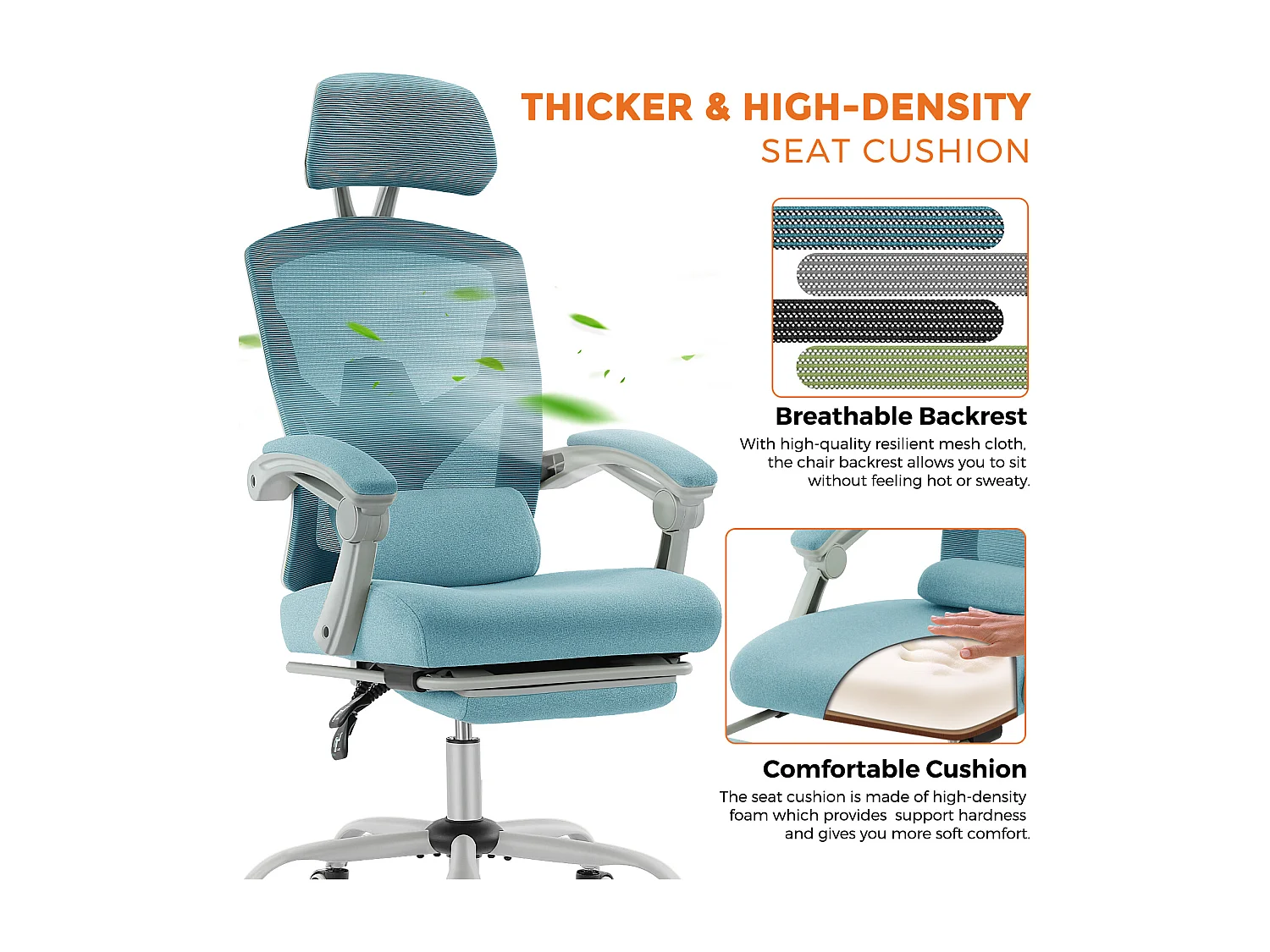 Chaise de bureau pivotante avec coussin de soutien lombaire et accoudoirs rembourrés, repose-pieds rétractable ergonomique, bleu