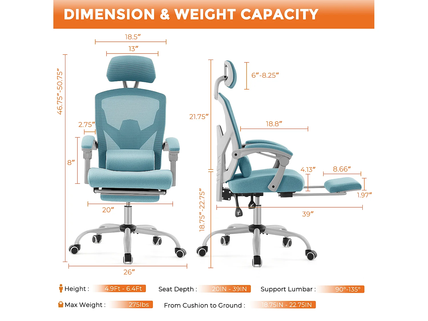 Chaise de bureau pivotante avec coussin de soutien lombaire et accoudoirs rembourrés, repose-pieds rétractable ergonomique, bleu