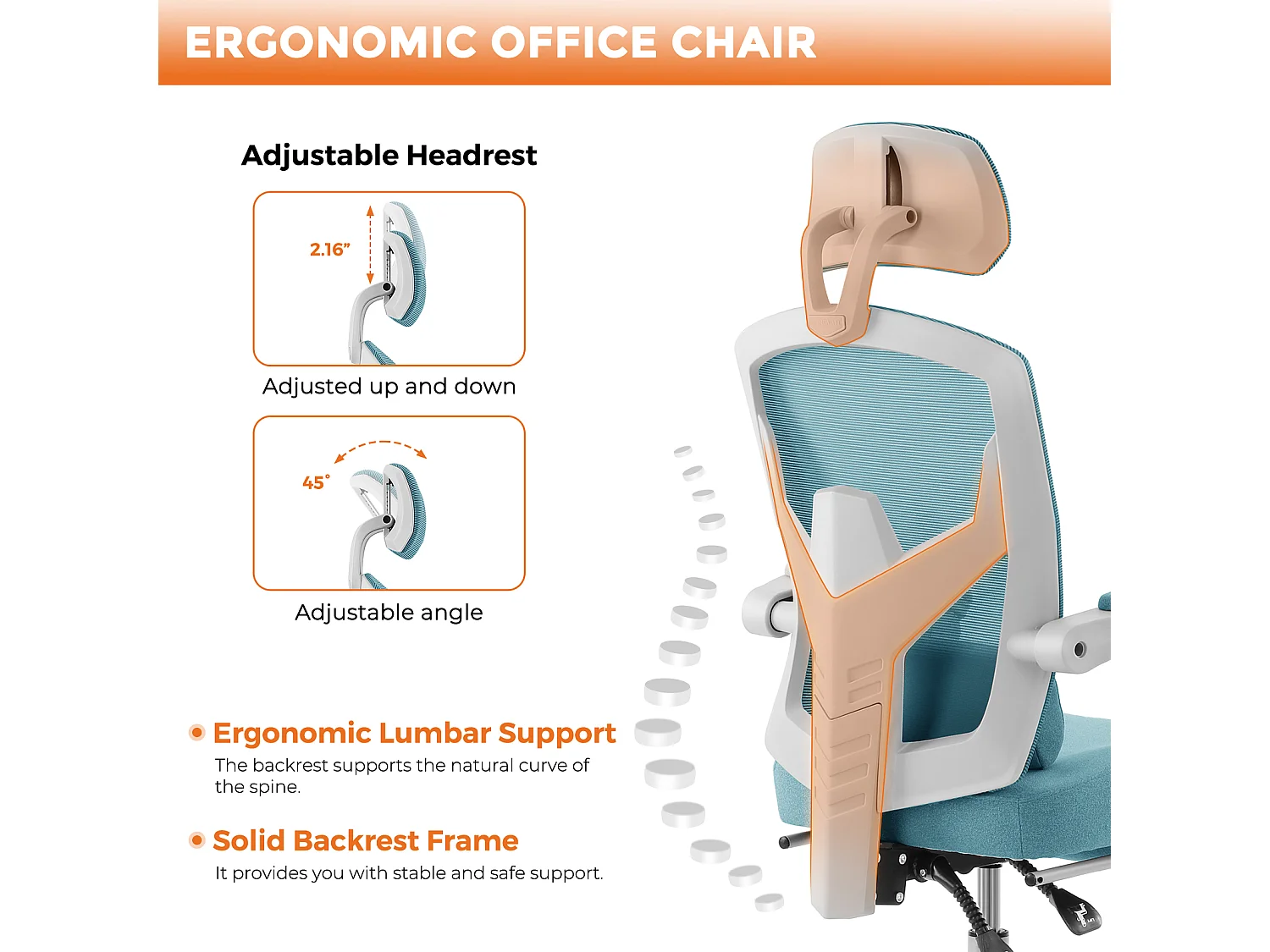 Chaise de bureau pivotante avec coussin de soutien lombaire et accoudoirs rembourrés, repose-pieds rétractable ergonomique, bleu