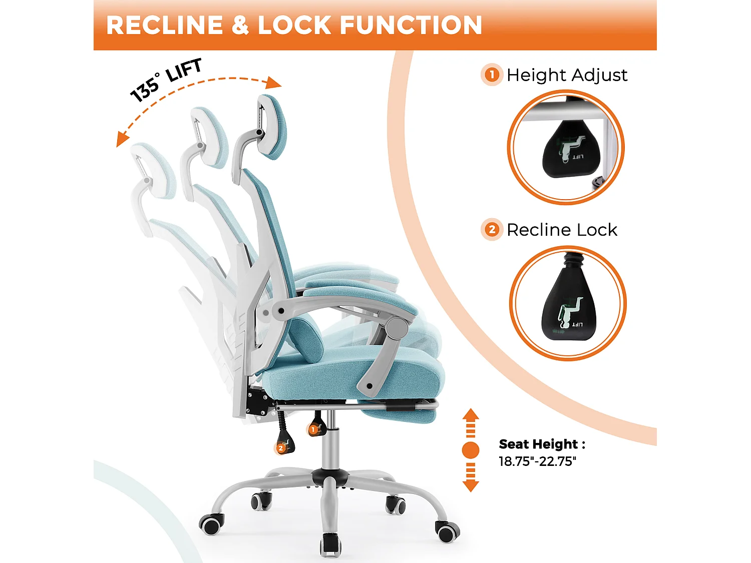 Chaise de bureau pivotante avec coussin de soutien lombaire et accoudoirs rembourrés, repose-pieds rétractable ergonomique, bleu