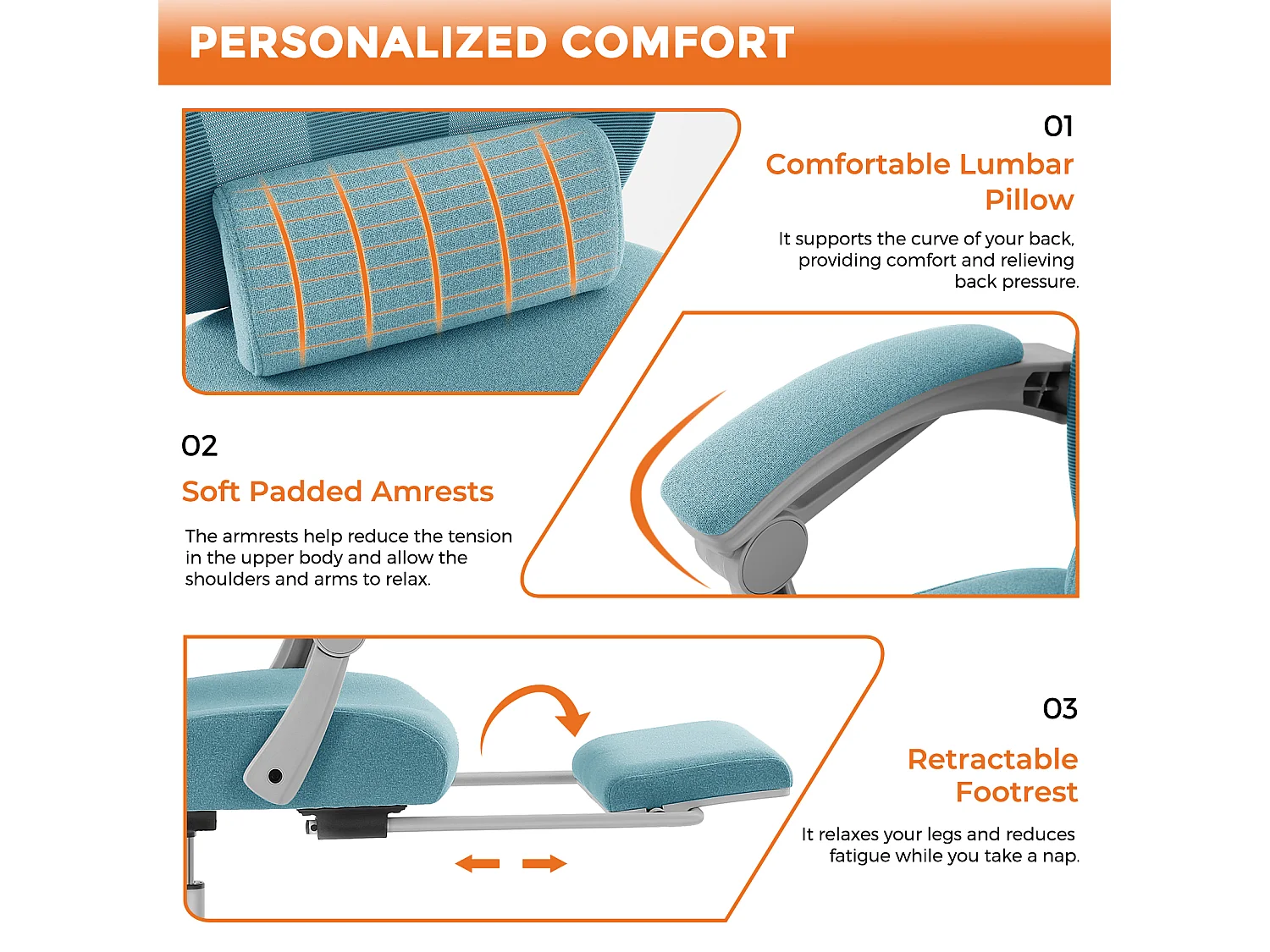 Chaise de bureau pivotante avec coussin de soutien lombaire et accoudoirs rembourrés, repose-pieds rétractable ergonomique, bleu