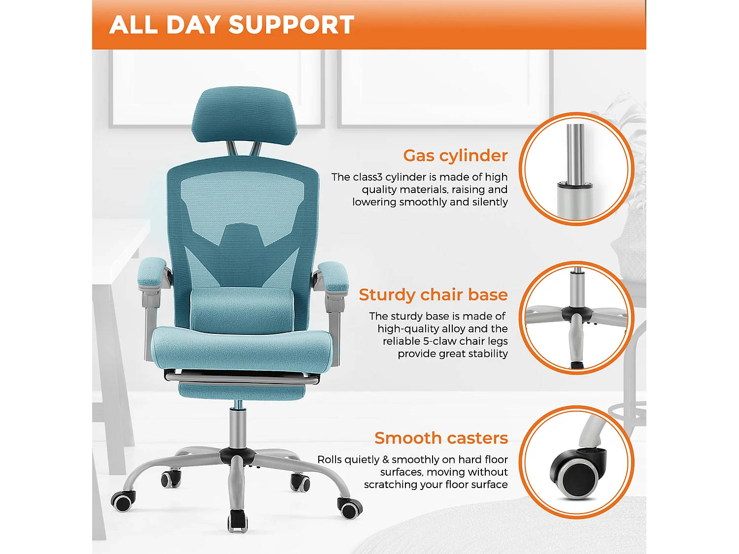 Chaise de bureau pivotante avec coussin de soutien lombaire et accoudoirs rembourrés, repose-pieds rétractable ergonomique, bleu