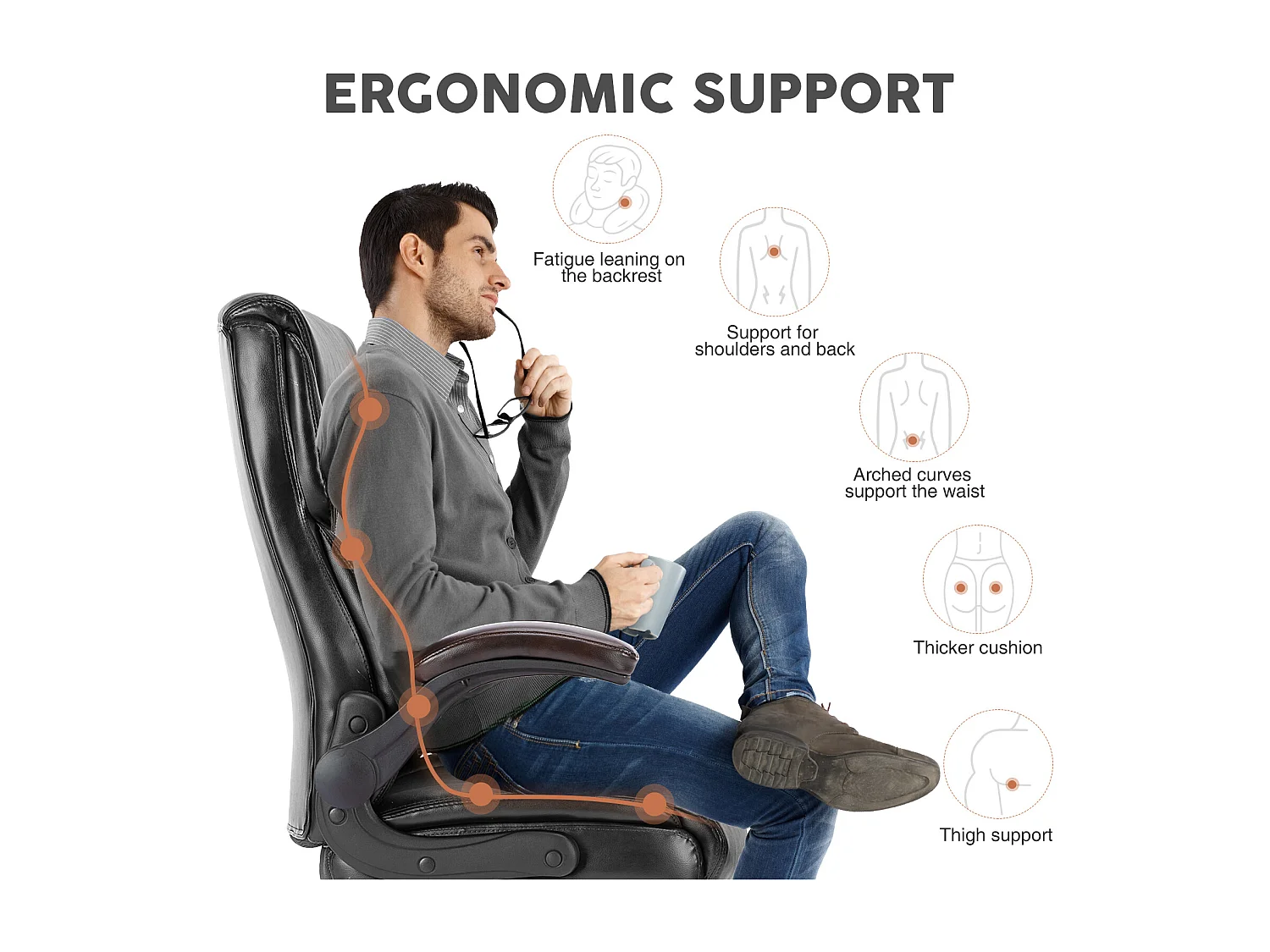 Chaise de bureau avec accoudoir réglable, support lombaire, base métallique solide, PU, noir