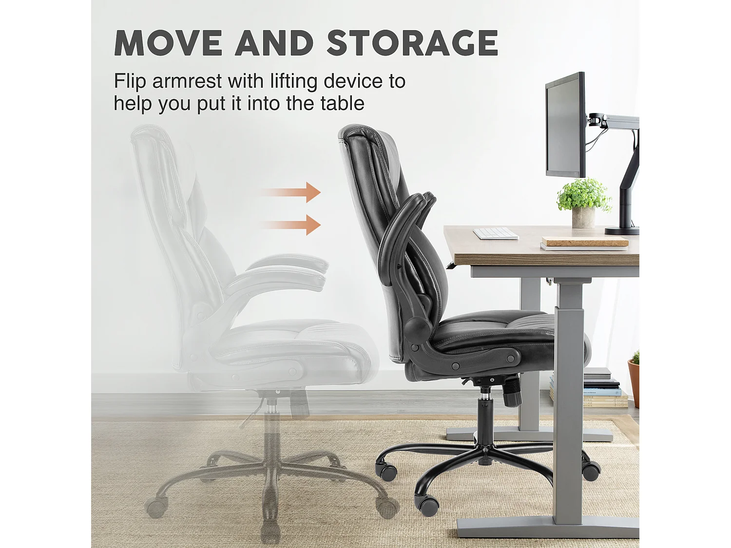 Chaise de bureau avec accoudoir réglable, support lombaire, base métallique solide, PU, noir