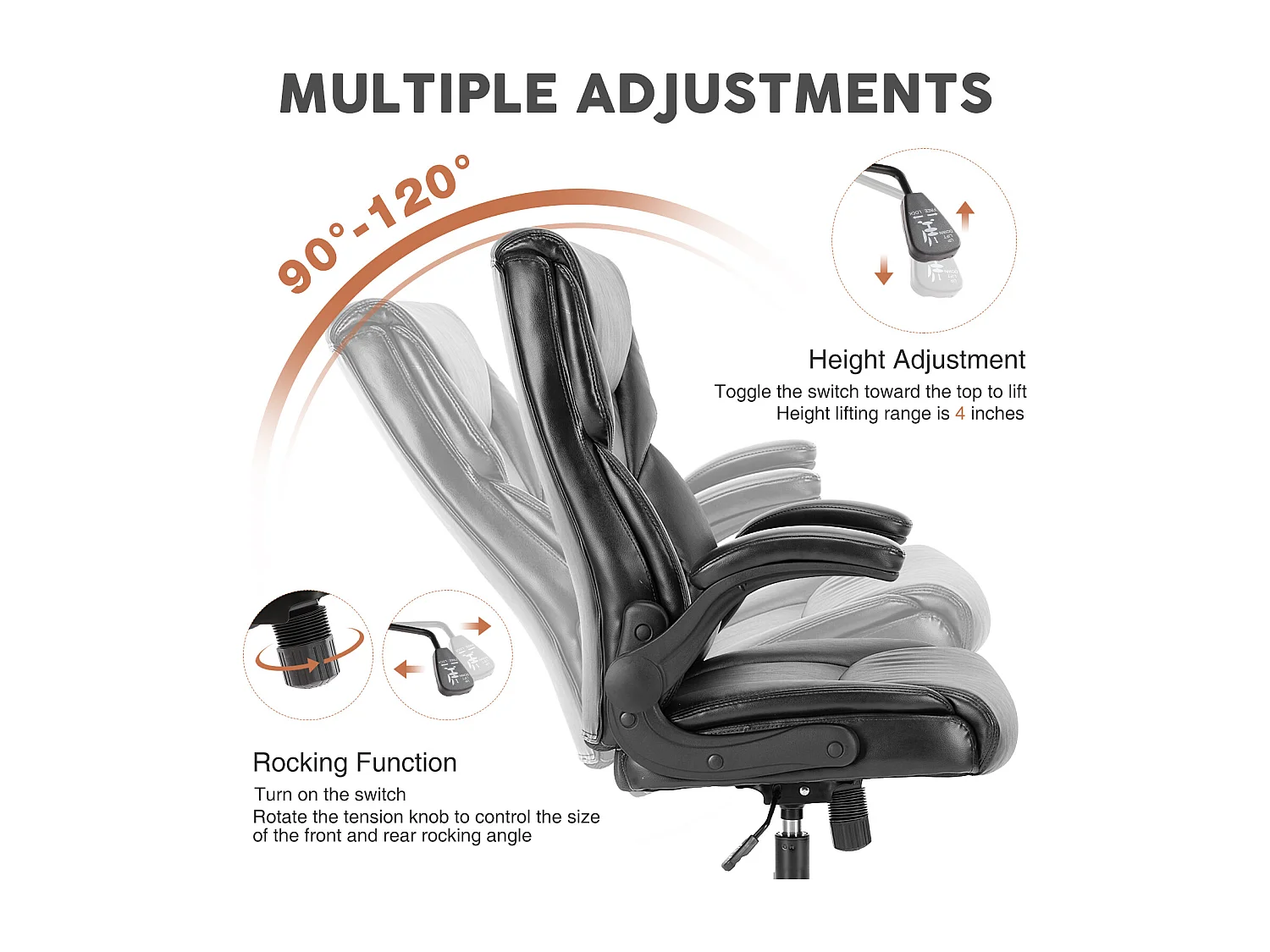 Chaise de bureau avec accoudoir réglable, support lombaire, base métallique solide, PU, noir