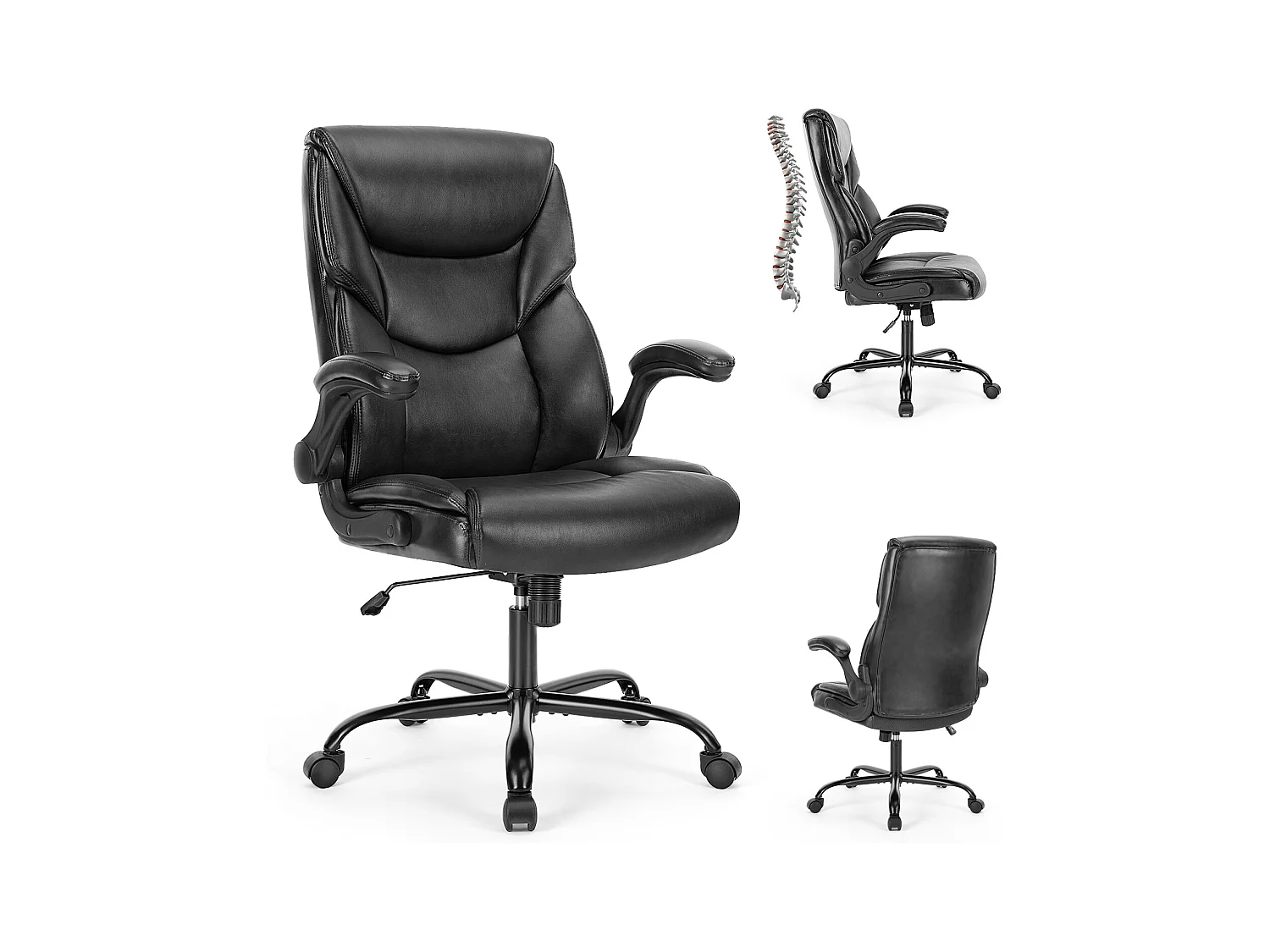 Chaise de bureau avec accoudoir réglable, support lombaire, base métallique solide, PU, noir