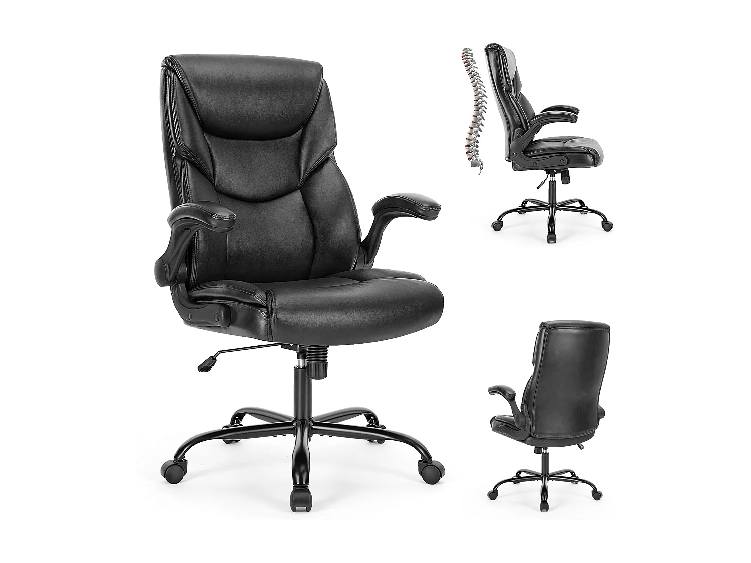 Chaise de bureau avec accoudoir réglable, support lombaire, base métallique solide, PU, noir