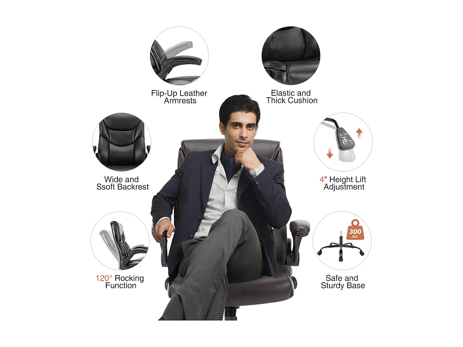 Chaise de bureau avec accoudoir réglable, support lombaire, base métallique solide, PU, noir