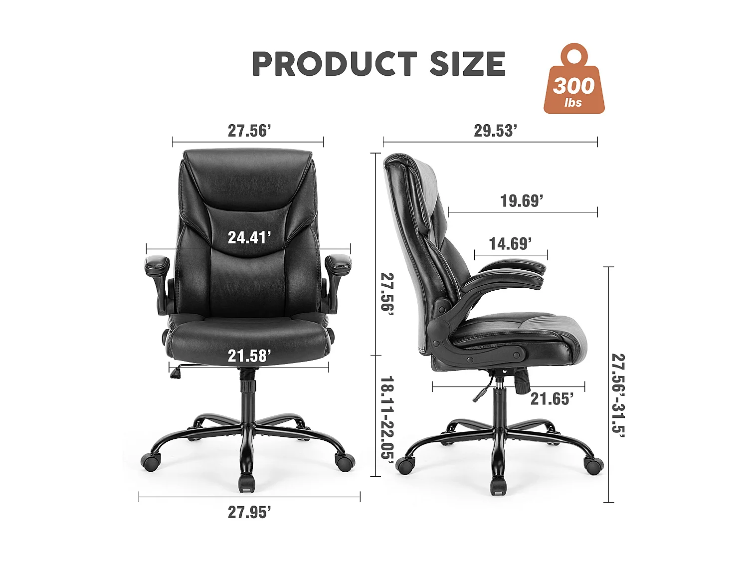 Chaise de bureau avec accoudoir réglable, support lombaire, base métallique solide, PU, noir