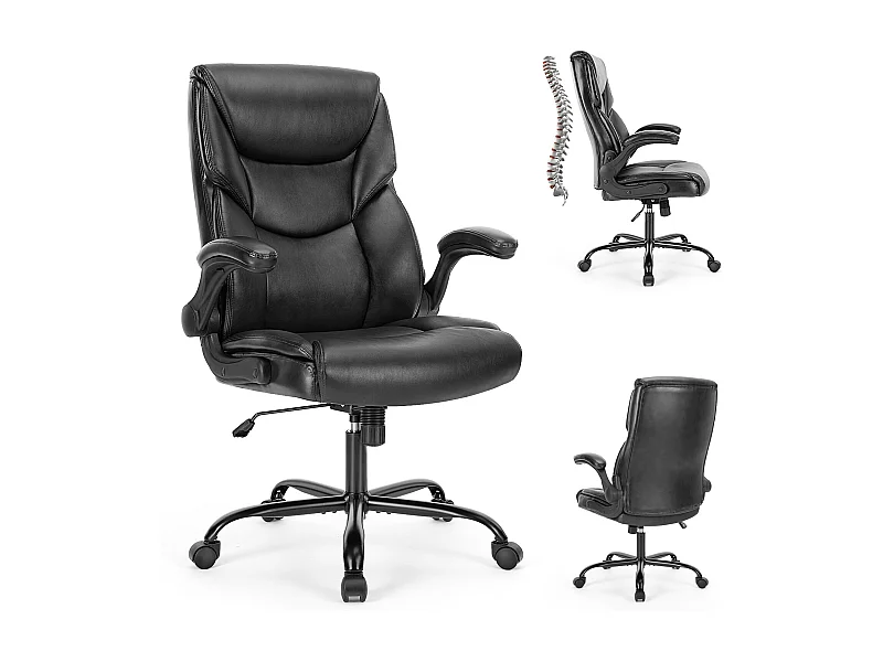 Bureaustoel met verstelbare opklapbare armleuning, lendensteun, sterk metalen onderstel, PU, zwart