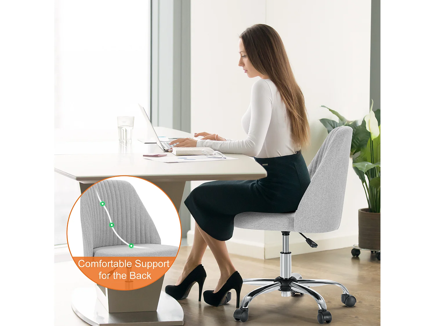 Chaises de bureau pivotantes,Sans accoudoirs,Chaises de bureau réglables avec roulettes,Tissu,Gris