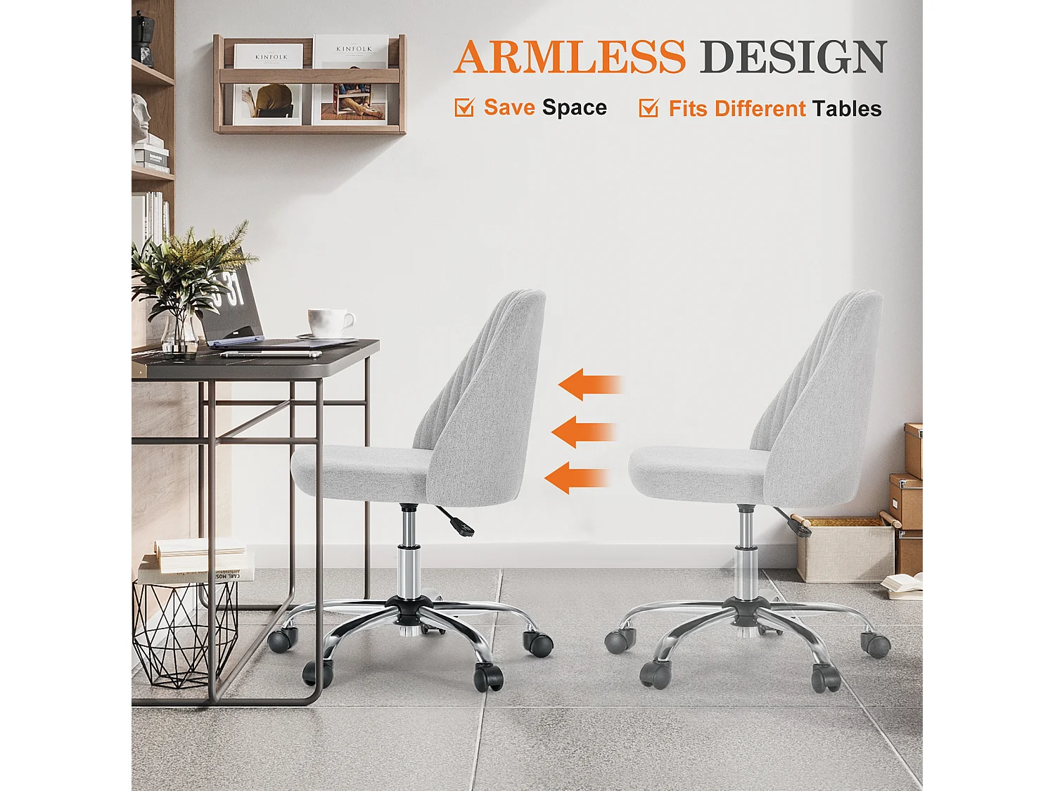 Chaises de bureau pivotantes,Sans accoudoirs,Chaises de bureau réglables avec roulettes,Tissu,Gris