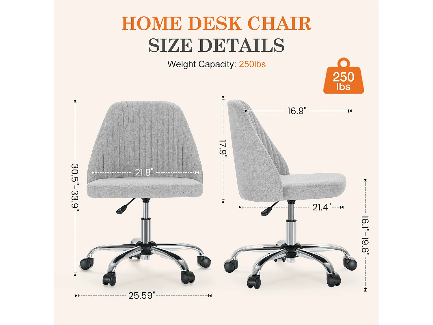 Chaises de bureau pivotantes,Sans accoudoirs,Chaises de bureau réglables avec roulettes,Tissu,Gris