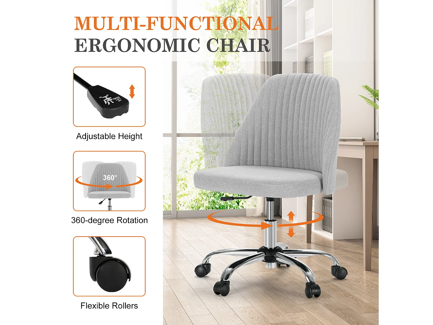 Chaises de bureau pivotantes,Sans accoudoirs,Chaises de bureau réglables avec roulettes,Tissu,Gris