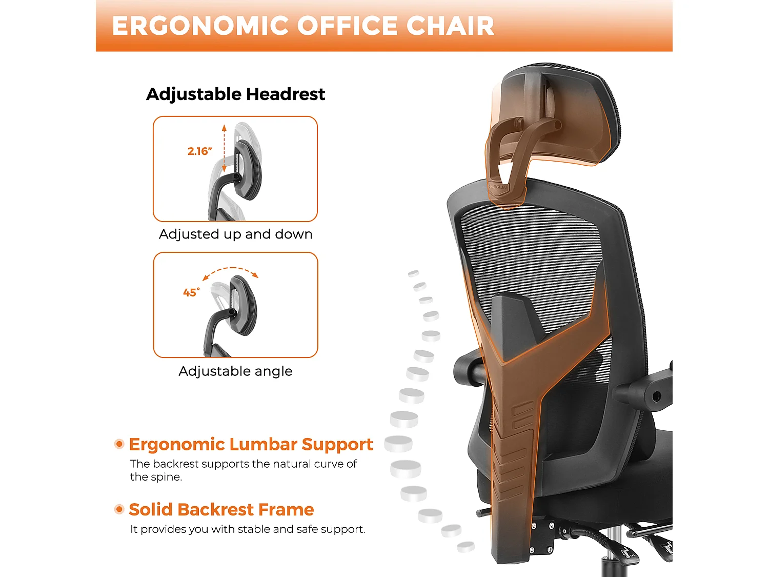 Fauteuil de bureau pivotant avec support lombaire et accoudoirs rembourrés, repose-pieds rétractable ergonomique, noir