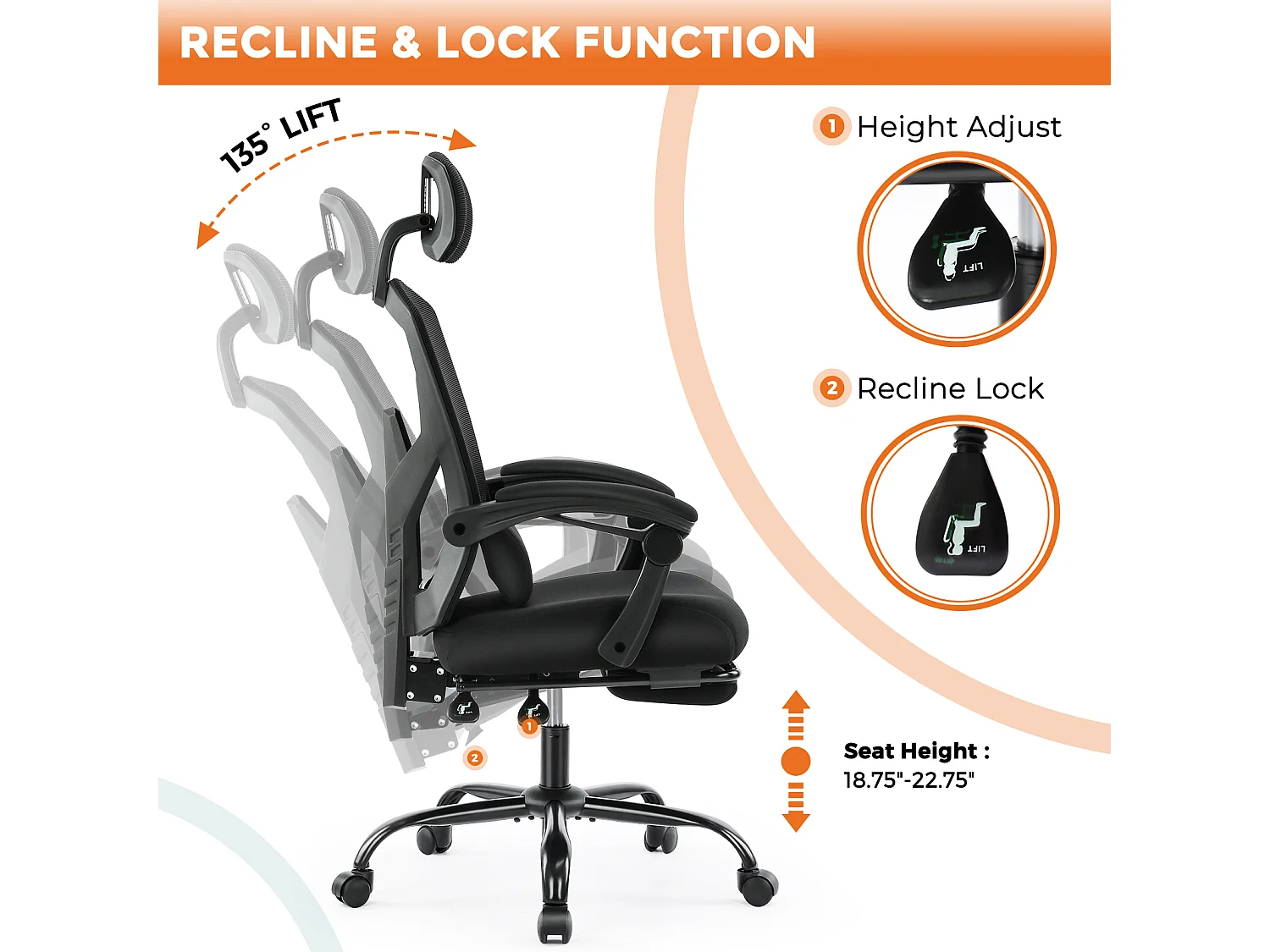 Fauteuil de bureau pivotant avec support lombaire et accoudoirs rembourrés, repose-pieds rétractable ergonomique, noir