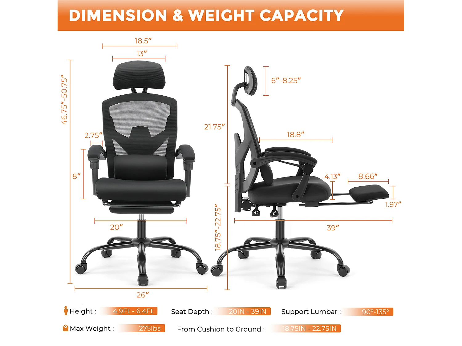 Fauteuil de bureau pivotant avec support lombaire et accoudoirs rembourrés, repose-pieds rétractable ergonomique, noir