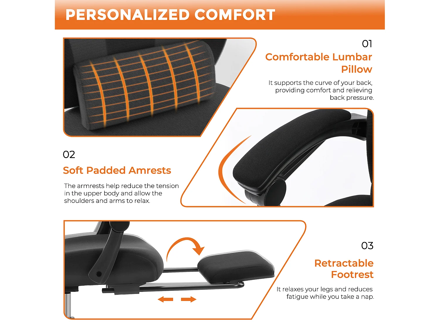 Fauteuil de bureau pivotant avec support lombaire et accoudoirs rembourrés, repose-pieds rétractable ergonomique, noir