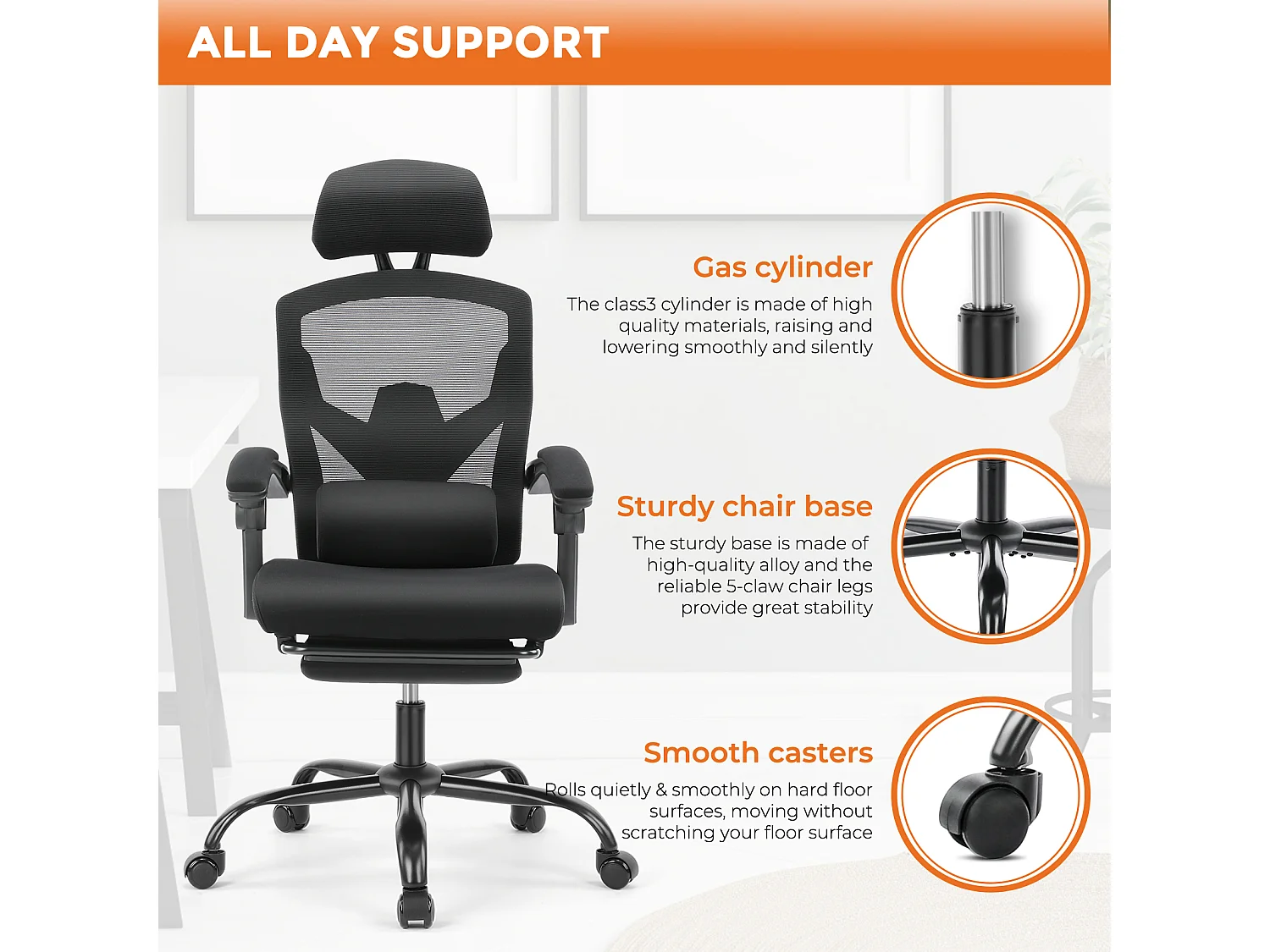 Fauteuil de bureau pivotant avec support lombaire et accoudoirs rembourrés, repose-pieds rétractable ergonomique, noir