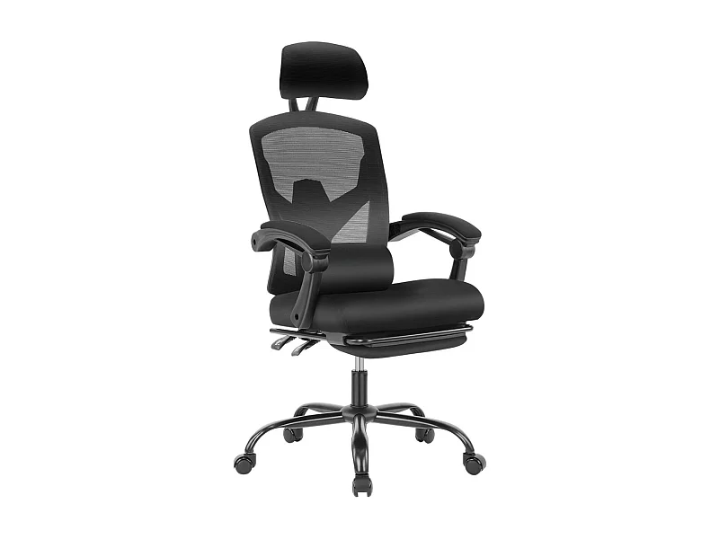 Fauteuil de bureau pivotant avec support lombaire et accoudoirs rembourrés, repose-pieds rétractable ergonomique, noir