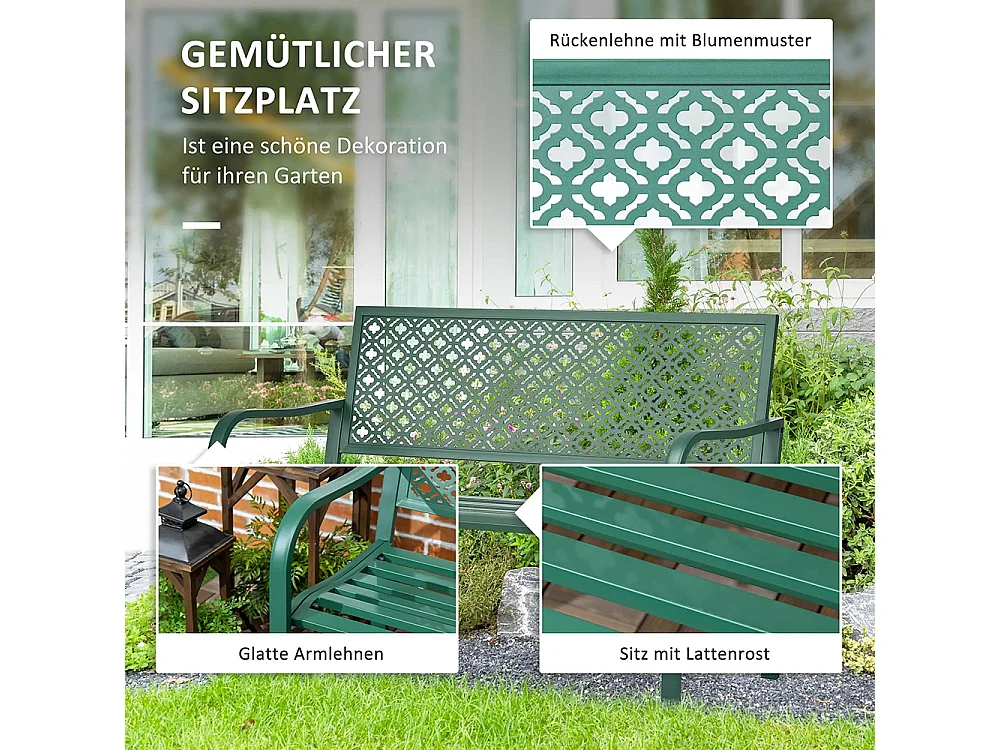 Metalen tuinbank, 2-zits, weerbestendig, 127 cm x 63 cm x 83 cm, groen