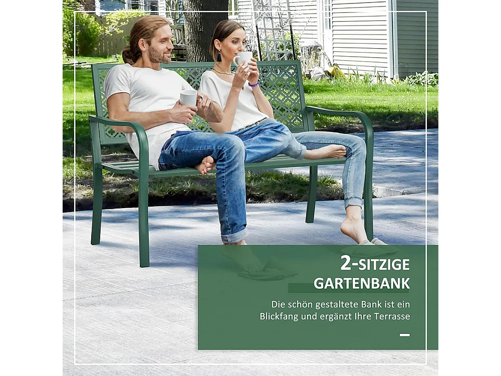 Metalen tuinbank, 2-zits, weerbestendig, 127 cm x 63 cm x 83 cm, groen