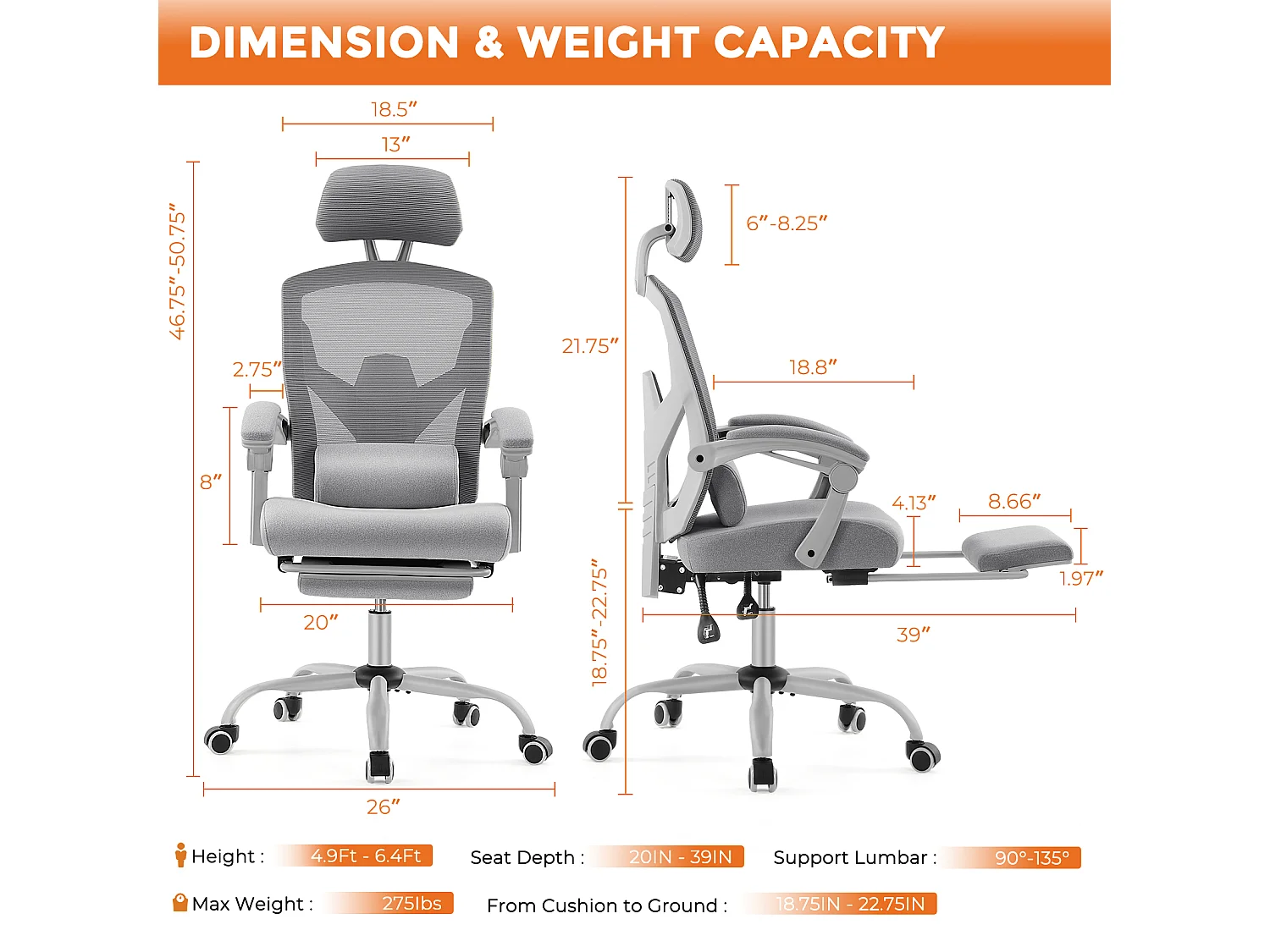 Chaise de bureau pivotante avec coussin de soutien lombaire et accoudoirs rembourrés, repose-pieds rétractable ergonomique, gris