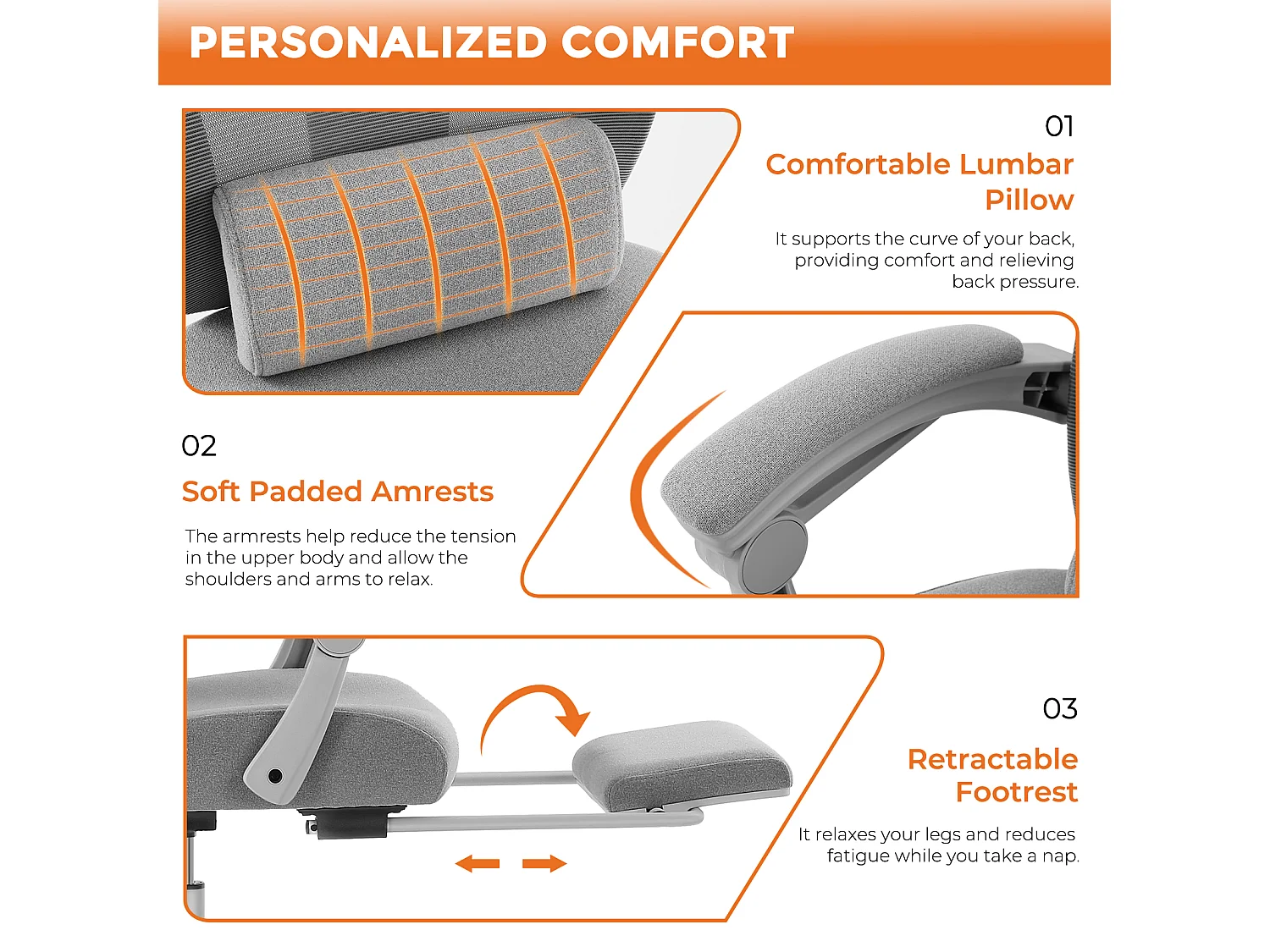 Chaise de bureau pivotante avec coussin de soutien lombaire et accoudoirs rembourrés, repose-pieds rétractable ergonomique, gris
