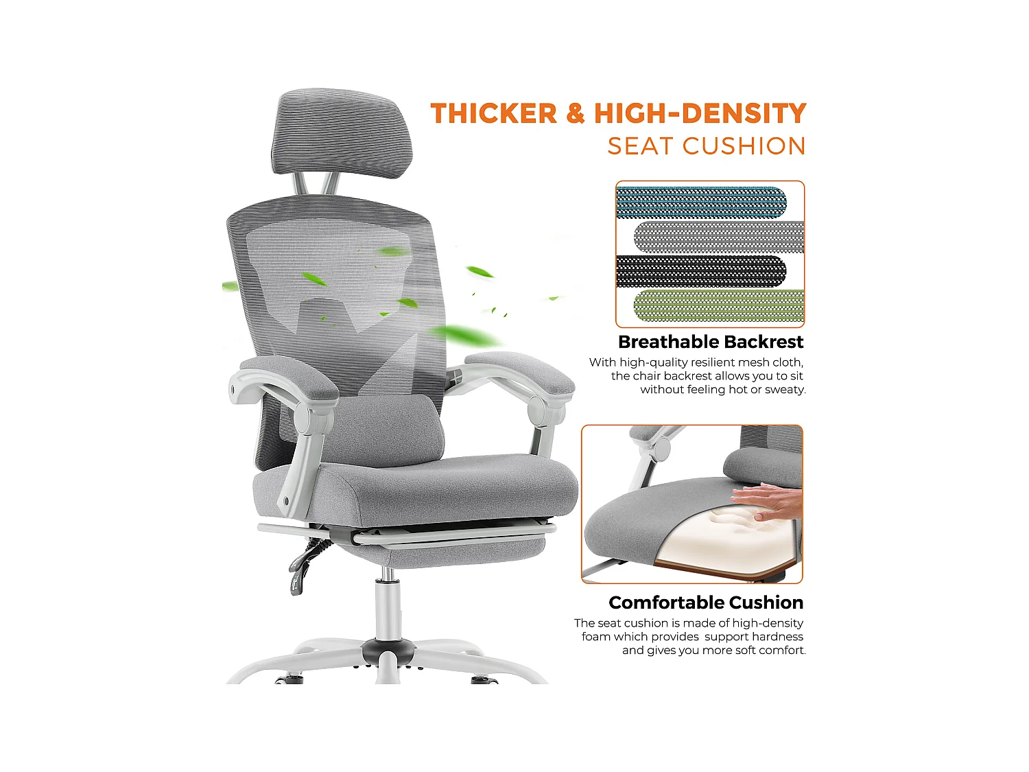 Chaise de bureau pivotante avec coussin de soutien lombaire et accoudoirs rembourrés, repose-pieds rétractable ergonomique, gris