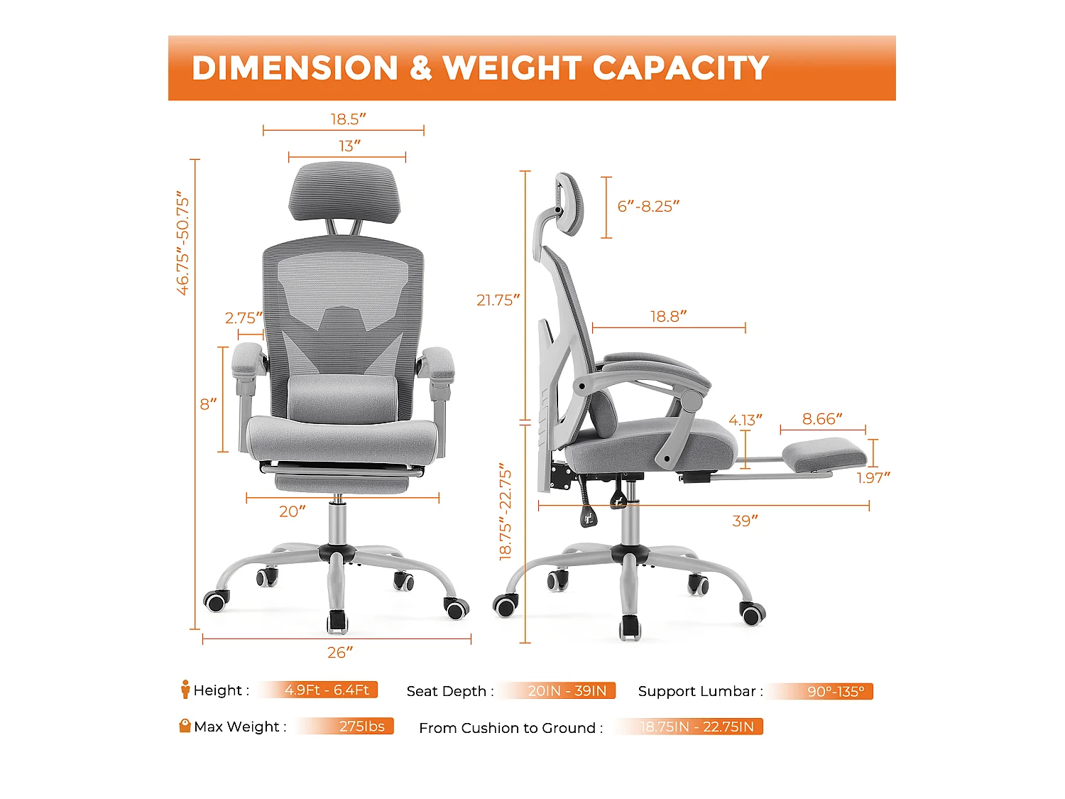 Chaise de bureau pivotante avec coussin de soutien lombaire et accoudoirs rembourrés, repose-pieds rétractable ergonomique, gris