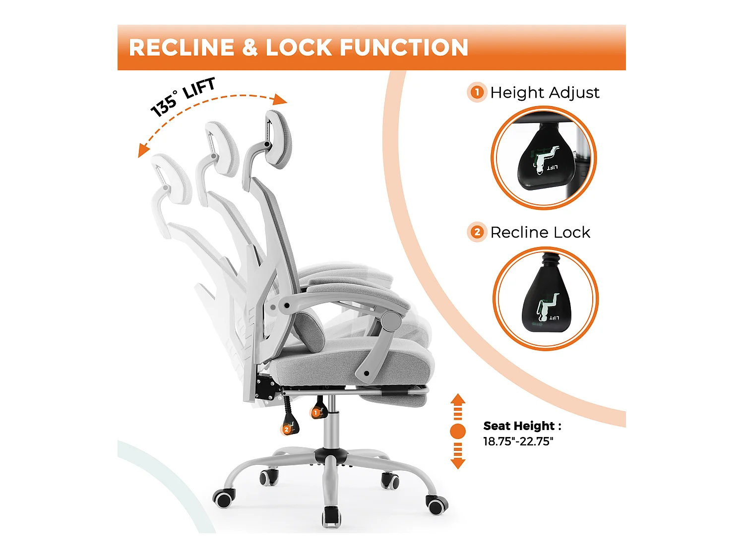 Chaise de bureau pivotante avec coussin de soutien lombaire et accoudoirs rembourrés, repose-pieds rétractable ergonomique, gris